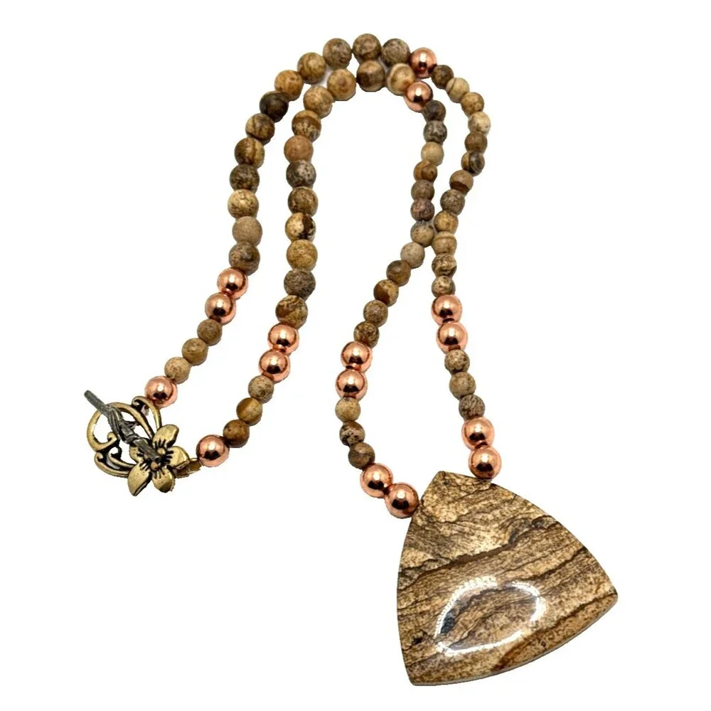 Natural Sand Jasper Beaded Pendant Necklace Boho Tribal Stone Statement 24